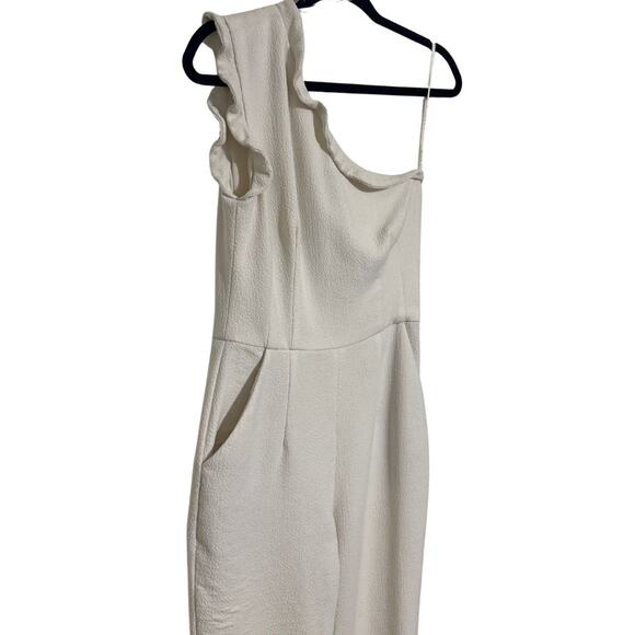 BLACK HALO Pravella Crepe One Shoulder Fitted Cropped Flare Jumpsuit White 2 - Picture 4 of 6